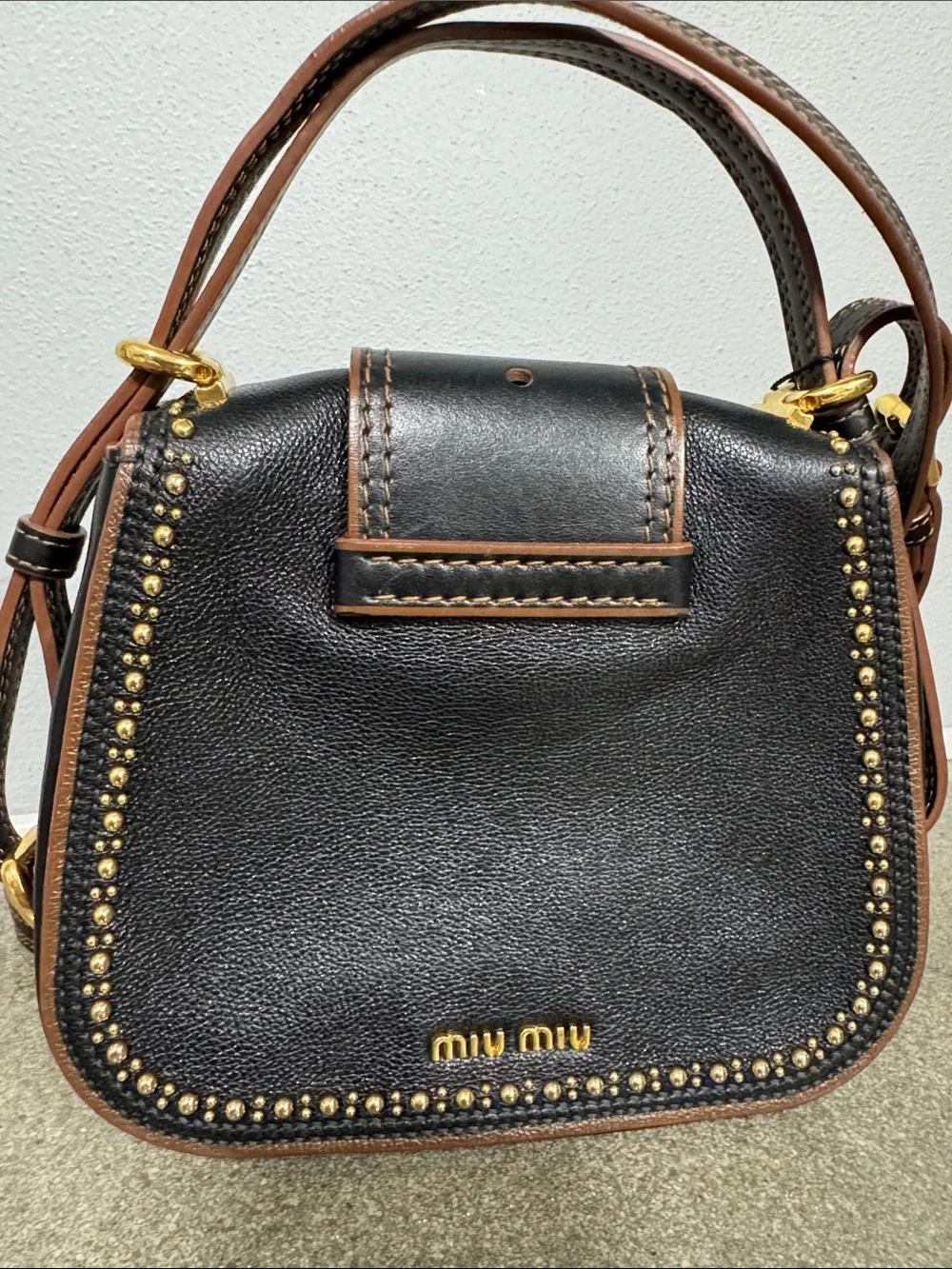 Miu Miu Rare Dahlia Madras Crystal Stud Crossbody/Shoulder Bag – Black Leather